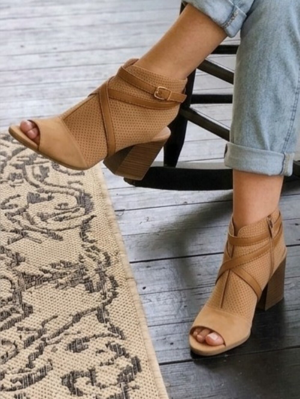 Franco Sarto Tan Suede Peep Toe Ankle Boots Stacked Heel Size 10